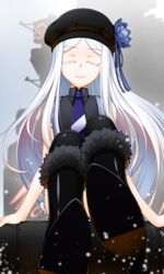  aoki_hagane_no_arpeggio black_footwear boots closed_eyes commentary_request female fur-trimmed_boots fur_boots fur_trim hat high_heel_boots high_heels knee_boots light_smile long_hair musashi_(aoki_hagane_no_arpeggio) solo suspenders takuteks thighhighs very_long_hair white_hair 