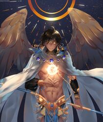  1boy abs ahoge bare_pectorals brown_hair cape dark-skinned_male dark_skin egyptian egyptian_clothes fate/grand_order fate/prototype fate/prototype:_fragments_of_blue_and_silver fate_(series) feathered_wings feathers hair_between_eyes highres holding holding_staff jewelry looking_at_viewer male_focus muscular muscular_male necklace ozymandias_(fate) pectorals puff_(ksy61900) shrug_(clothing) solo staff topless_male white_cape white_wings wings yellow_eyes 