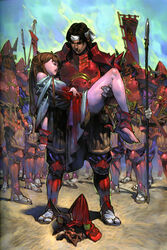  1boy absurdres armor army banner barefoot blood blood_on_clothes breastplate breasts brown_hair carrying character_request closed_eyes day female flag headband helmet highres injury japanese_armor japanese_clothes kabuto_(helmet) kusazuri long_hair looking_at_another medium_breasts menpoo nodowa_(gorget) official_art outdoors parted_bangs pauldrons people photoshop_(medium) polearm princess_carry red_armor samurai sashimono scan shiho_(valkyrie_profile) short_hair shoulder_armor sky spear standing suneate suo_(valkyrie_profile) unworn_headwear unworn_helmet valkyrie_profile_(series) waraji weapon yoshinari_kou yoshinari_you 