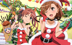  +_+ 3girls :d absurdres animal_costume antlers bare_shoulders bell belt blush bottle bow cake chicken_(food) christmas christmas_tree confetti cup decorations drink drinking_straw flower food fruit gloves hair_ornament hair_tie hairpin hat highres horns index_(toaru_majutsu_no_index) kobayashi_emiko lights misaka_mikoto multiple_girls official_art one_eye_closed open_mouth party photoshop_(medium) plate reindeer reindeer_costume ribbon saliva santa_costume santa_hat shirai_kuroko smile star_(symbol) strawberry toaru_kagaku_no_railgun toaru_majutsu_no_index twintails 