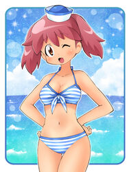  bikini brown_eyes commentary_request day dixie_cup_hat female hakkatou hat hinata_natsumi keroro_gunsou military_hat one_eye_closed red_hair sailor_hat short_hair striped_bikini striped_clothes swimsuit twintails 