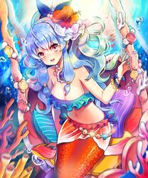  air_bubble bad_id bad_pixiv_id bandeau bare_shoulders blue_hair blush bracelet breasts bubble cleavage commentary_request coral cushion female flower frills hair_flower hair_ornament hair_ribbon jewelry linus_falco long_hair medium_breasts mermaid midriff monster_girl nail_polish navel necklace parted_lips red_eyes ribbon shell shirt sidelocks sitting smile solo sparkle star_(symbol) sword_girls underwater very_long_hair water yotte 