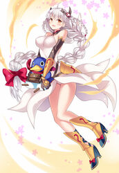  ahoge animal armor armored_dress bare_shoulders bat_wings bird black_gloves blush bow braid breasts cross-laced_footwear crossover disgaea dress elbow_gloves female floral_background flower full_body gloves hair_ornament hairbow halterneck high_heels holding holding_animal kaki_s knees_together_feet_apart large_breasts light_valkyrie_(p&amp;d) long_hair open_mouth orange_eyes panties pantyshot penguin prinny purple_wings puzzle_&amp;_dragons red_bow red_scarf scarf sleeveless sleeveless_dress smile solo standing tri_braids underwear valkyrie valkyrie_(p&amp;d) white_background white_dress white_hair white_panties wings 