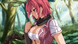  ahoge blush body_blush breast_press breasts cherry_blossom_print cleavage clenched_hand clenched_teeth day female floral_print forest from_side game_cg grass hair_ornament hairclip hikage_narumi large_breasts light_rays looking_down nature open_clothes open_mouth open_shirt outdoors petals profile purple_eyes red_hair sakura_spirit sarashi scarf shiny_skin shirt short_hair skindentation solo sunbeam sunlight sweatdrop teeth tree underboob upper_body vambraces wanaca wing_collar 