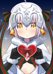  ahoge bad_id bad_pixiv_id beige_background bell bikini bikini_top_only black_bikini black_gloves blue_background blush bow capelet closed_mouth commentary_request elbow_gloves fate/grand_order fate_(series) female fur-trimmed_capelet fur_collar fur_trim gloves gradient_background grey_hair hair_ribbon hands_up headpiece heart heart_hands jeanne_d&#039;arc_alter_santa_lily_(fate) looking_at_viewer ribbon shitada short_hair solo sparkle striped striped_ribbon swimsuit upper_body white_capelet yellow_eyes 