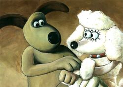  2012 3_fingers aardman_animations absurd_res anthro anthro_on_anthro arm_grab arm_tuft biped black_eyes black_nose brown_background brown_theme canid canine canis canon_couple collar collar_only domestic_dog duo eye_contact female fingers floppy_ears fluffles_(wallace_and_gromit) fur grim1978 gromit_(wallace_and_gromit) half-length_portrait hand_holding hi_res hug looking_at_another male male/female mammal nude painting_(artwork) poodle portrait romantic romantic_couple simple_background tan_body toony traditional_media_(artwork) tuft wallace_and_gromit white_body white_fur 