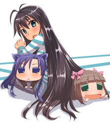  3girls alternate_hairstyle animal_ears antenna_hair aqua_eyes black_hair blue_eyes blue_hair brown_hair cat_ears chibi chihyaa commentary_request dan_(orange_train) ganaha_hibiki green_eyes hair_down haruka-san idolmaster idolmaster_(classic) long_hair looking_at_viewer multiple_girls oerba_yun_fang open_mouth photoshop_(medium) puchimasu! sitting very_long_hair 