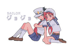  2boys bad_id bad_pixiv_id black_hair blue_eyes commentary_request hat holding_hands jojo_no_kimyou_na_bouken kakyoin_noriaki kujo_jotaro male_focus mapi_(mup1228) multiple_boys pink_hair purple_eyes sailor_collar sailor_hat shorts 