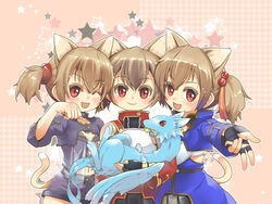  3girls animal_ears armor breastplate brown_hair cat_ears cat_girl cat_tail commentary_request cosplay creature dragon feathered_dragon fingerless_gloves gloves holding holding_creature mini_dragon multiple_girls multiple_persona navel one_eye_closed photoshop_(medium) pina_(sao) red_eyes rori_chuushin short_hair short_twintails silica silica_(cosplay) silica_(sao-alo) sword_art_online tail twintails white_armor 