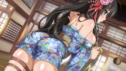  adjusting_hair ahoge ass back black_hair blue_eyes blue_kimono blush body_blush breasts bursting_breasts drawing_(object) dutch_angle female flower folding_fan from_behind from_side game_cg hair_flower hair_ornament hair_ribbon hand_fan holding indoors japanese_clothes kimono lantern large_breasts leaning_forward long_hair long_sleeves looking_at_viewer looking_back no_bra obi off_shoulder open_mouth profile ribbon sakura_spirit sash short_kimono short_yukata shouji sideboob skindentation sliding_doors solo standing sukino_miyo thigh_strap thighs very_long_hair wanaca wide_sleeves wooden_floor yukata 