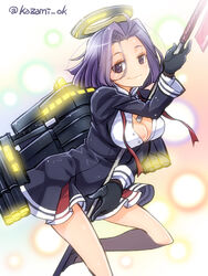  between_breasts breasts commentary_request female glaive_(polearm) gloves halo kantai_collection kazami_miki mechanical_halo medium_breasts photoshop_(medium) polearm purple_eyes purple_hair school_uniform short_hair skirt smile solo standing standing_on_one_leg tatsuta_(kancolle) turret twitter_username untied weapon 