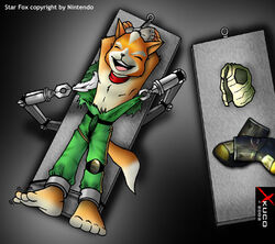 4_toes ankle_cuffs anthro arms_above_head bandana barefoot biped bondage bondage boots bottomwear bound canid canine captured closed_eyes clothed clothing countershade_feet countershading cuff_(restraint) feet fingerless_gloves foot_focus footwear fox fox_mccloud furniture gloves hands_behind_head handwear impximon kerchief kidnap kidnapping laugh loose_feather lying lying_on_table male mammal metal_cuffs metal_table nintendo on_back on_table plantigrade restrained restraining_table restraints robotic_arm science_fiction shackles soles solo star_fox submissive submissive_male table tickle_torture tickling tickling_armpits tickling_machine toes torn_clothing undressing wrist_cuffs