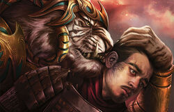 14:9 anthro armor black_stripes blue_eyes catfolk duo facial_hair fangs felid fur hasbro headdress human magali_villeneuve magic magic:_the_gathering male mammal moustache official_art pantherine rakshasa_(magic:_the_gathering) scar size_difference smile stripes teeth tiger whiskers white_body white_fur wizards_of_the_coast yellow_eyes