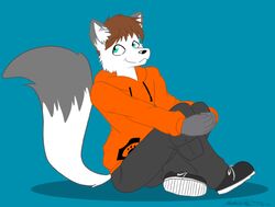 2012 5_fingers anthro arctic_fox bent_arm bent_legs biped black_nose blue_background bottomwear brown_hair canid canine cargo_pants clothed clothing crossed_legs cuddlesandhuggles dipstick_tail extended_arm fingers footwear fox fully_clothed fur grey_body grey_fur hair hands_on_legs hands_on_own_legs hands_on_own_shins hands_on_shins holding_both_legs holding_both_shins hoodie humanoid_hands inner_ear_fluff isaac_winters knees_pulled_up knees_together looking_aside looking_at_viewer male mammal markings multicolored_tail pants raised_tail shoes short_hair simple_background sitting smile solo sweater tail tail_markings topwear true_fox tuft white_body white_fur