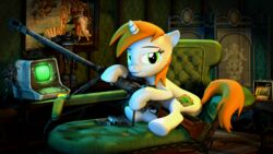 16:9 2014 3d_(artwork) absurd_res crossover digital_media_(artwork) equid equine fallout fallout_equestria fan_character female feral gun hasbro hi_res horn littlepip looking_at_viewer mammal microsoft my_little_pony mynokiarules mythological_creature mythological_equine mythology question_mark ranged_weapon rifle smile solo unicorn weapon widescreen