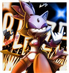 2009 anthro blaze_the_cat breasts cleavage clothed clothing domestic_cat english_text felid feline felis female guitar mammal musical_instrument musician nancher plucked_string_instrument rock_star sega solo sonic_the_hedgehog_(series) string_instrument text yellow_eyes