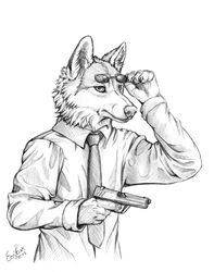 2014 anthro canid canine canis clothing eosfoxx eyewear greyscale gun handgun holding_gun holding_object holding_ranged_weapon holding_weapon male mammal monochrome necktie pistol ranged_weapon sketch solo sunglasses weapon wolf