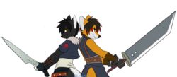 alpha_channel anthro ash_harden black_body black_fur black_hair buster_sword canid canine cloud cloud_stance cloud_strife cosplay duo final_fantasy final_fantasy_vii final_fantasy_viii fox fur gunblade hair hybrid male mammal mephitid nanabi_ashiro orange_body orange_fur remonpie skunk squall_leonhart square_enix