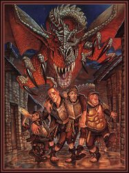 armor bat_wings boots breastplate building carrot_ironfoundersson chainmail claws clothing discworld door dragon drinking english_text fangs feral footwear fred_colon group headgear helmet horn house human male mammal melee_weapon membrane_(anatomy) membranous_wings mythological_creature mythological_scalie mythology nobby_nobbs paul_kidby red_body red_eyes red_scales rock samuel_vimes sandals scales scalie sharp_teeth size_difference spines sword teeth text weapon wings wood