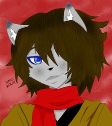 1_eye ambiguous_gender anthro blue_eyes brown_hair discordmelody hair hi_res lucian mammal mink mustelid musteline red_background red_scarf scarf simple_background smile smirk solo true_musteline