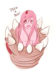 2_frame_animation :d animated bangs big_breasts blush breasts english_text female hair long_hair looking_at_viewer monorus monster monster_girl_(genre) monster_girl_encyclopedia multi_eye nude open_mouth pink_eyes pink_hair red_eyes red_hair sandworm sandworm_(mge) sharp_teeth simple_background smile solo tattoo teeth text white_background