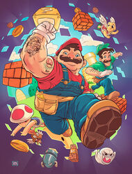 2014 ?_block block boo_(mario) brick_block brother_(lore) brothers_(lore) bullet_bill clothing facial_hair female footwear goomba group hi_res human humanoid item_box koopa looking_at_viewer luigi male mammal maria_daniela_espinoza mario mario_bros moustache muscular nintendo overalls princess_peach scalie shoes sibling_(lore) smile tattoo text text_on_clothing text_on_footwear text_on_shoes toad_(mario) twins_(lore)