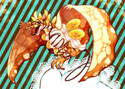 ambiguous_gender banana banana_split brown_eyes candy chocolate chocolate_syrup crepe dessert dragon feral food food_creature fruit ice_cream ice_cream_creature membrane_(anatomy) membranous_wings mythological_creature mythological_scalie mythology pancake pattern_background plant red_eyes reptile scalie simple_background solo striped_background stripes unusual_anatomy unusual_wings watanohara what what_has_science_done wings