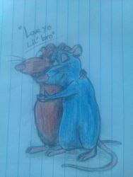 3:4 brother_(lore) brothers_(lore) dialogue disney duo emile_(disney) english_text feral hug lined_paper male mammal murid murine pixar rat ratatouille remy_(ratatouille) rodent sibling_(lore) standing text traditional_media_(artwork) unknown_artist