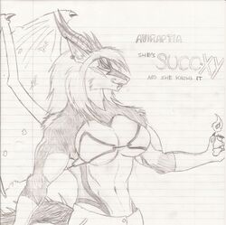 anthro ashtrek aviraptia_(aviraptia) bikini bottomwear breasts claws clothing demon ear_piercing female fire fluffy fluffy_tail hair hi_res horn licking licking_lips licking_own_lips long_hair magic membrane_(anatomy) membranous_wings piercing self_lick shorts solo swimwear tail tongue tongue_out traditional_media_(artwork) wings