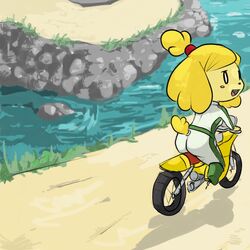 1:1 animal_crossing anthro blush canid canine canis dirt_bike domestic_dog female isabelle_(animal_crossing) looking_back mammal mario_bros mario_kart motorcycle nintendo shih_tzu solo toy_dog unknown_artist vehicle