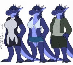 2007 anthro biped blue_eyes bottomwear chibi clothing despina digitigrade dragon equus female hand_on_hip horn jacket looking_at_viewer mythological_creature mythological_scalie mythology scalie shorts simple_background solo standing swimwear tail topwear white_background