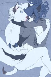 2014 ambiguous_gender anthro blue_hair blue_pawpads bull_terrier canid canine canis domestic_dog duo facial_piercing fox hair hindpaw hunting_dog inky kaine lip_piercing male mammal pawpads paws piercing romantic romantic_couple spiffybunny terrier