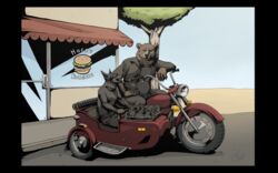 bear burger canid canine canis clothed clothing dantes_boothound domestic_dog duo eyewear food goggles loonertick male mammal motorcycle open_mouth outside sidecar tongue tongue_out topless vehicle