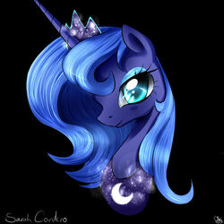 1:1 2014 black_background blue_body blue_fur blue_hair daughter-of-fantasy equid equine female feral friendship_is_magic fur hair hasbro horn mammal my_little_pony mythological_creature mythological_equine mythology princess_luna_(mlp) signature simple_background smile solo teal_eyes unicorn