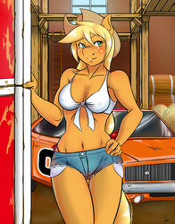 2014 anthro anthrofied applejack_(mlp) blonde_hair blush bottomwear breasts car cleavage clothed clothing cowboy_hat cutoffs daisy_dukes denim denim_bottomwear denim_clothing dodge_(brand) earth_pony equid equine female freckles friendship_is_magic fur general_lee green_eyes hair hasbro hat headgear headwear hi_res horse hotpants mammal midriff my_little_pony navel oldman_artist orange_body orange_fur pony shorts skimpy smile solo the_dukes_of_hazzard vehicle