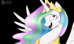 2014 5:3 alicorn black_background daughter-of-fantasy equid equine feathered_wings feathers female feral friendship_is_magic fur hair hasbro hi_res horn mammal multicolored_hair my_little_pony mythological_creature mythological_equine mythology princess_celestia_(mlp) purple_eyes signature simple_background smile solo sparkles white_body white_feathers white_fur wings