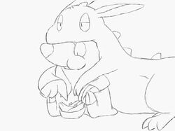 ambiguous_gender animated cuddling dragon drilbur duo eating emusal feral food generation_5_pokemon hug monochrome mythological_creature mythological_scalie mythology nintendo pokemon pokemon_(species) scalie slightly_chubby