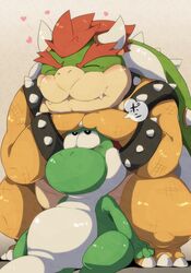 anthro blush bowser closed_eyes clothing cuddling dialogue dinosaur duo extinct footwear green_yoshi hair heart_symbol horn japanese_text koopa male mario_bros nintendo overweight prehistoric_species red_hair reptile scalie shell shirosaru short_hair sitting size_difference smile spikes tail text thick_tail translated yoshi