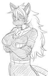 anthro big_breasts breasts clothed clothing felid female fur hair half-length_portrait hi_res kemono king_of_thorn looking_at_viewer mammal monochrome partially_clothed portrait sindoll solo zeus_female zeus_genus