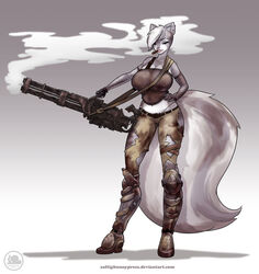 2014 anthro armor big_breasts blue_eyes body_armor boots bottomwear breasts clothing convincing_weapon ear_piercing esmeralda_(disambiguation) female fishnet_clothing footwear fur gatling_gun gloves grey_body grey_fur gun hair handwear holding_gun holding_object holding_ranged_weapon holding_weapon huge_breasts industrial_piercing lips machine_gun mammal mephitid minigun pants piercing ranged_weapon short_hair skunk solo text url weapon white_body white_fur white_hair zaftigbunnypress