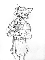 2014 4_fingers anthro biped canid canine clothed clothing coat fingers fox foxer421 fur gloves handwear looking_aside male mammal monochrome open_mouth open_smile portrait simple_background sketch smile solo standing three-quarter_portrait topwear trenchcoat white_background