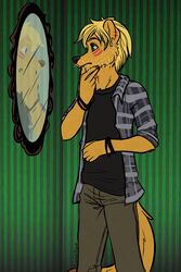 anthro beard blonde_hair blue_eyes brown_body brown_fur brown_nose digital_media_(artwork) facial_hair facial_markings fur hair head_markings herpestid hi_res male mammal markings mongoose scarlet-frost seth_h&auml;ser solo