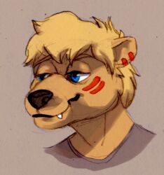 anthro blonde_hair blue_eyes brown_body brown_fur brown_nose facial_markings fur hair head_markings herpestid male mammal markings mongoose polartoons seth_h&auml;ser solo teeth