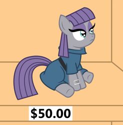 2014 barcode clothed clothing digital_media_(artwork) earth_pony equid equine female for_sale friendship_is_magic grey_body hair hasbro horse mammal maud_pie_(mlp) my_little_pony pony price_tag purple_hair purple_tail sign sitting solo tail teal_eyes vincentthecrow