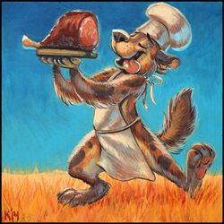 2014 ambiguous_gender anthro apron black_border border chef chef_hat closed_eyes clothing food hat headgear headwear hyena keovi mammal outside solo spotted_hyena