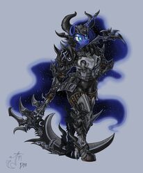 2014 anthro anthrofied armor biped blackmorass blue_body blue_fur convincing_weapon crossover equid female final_fantasy friendship_is_magic fur hair hasbro hi_res horn long_hair mammal melee_weapon my_little_pony polearm princess_luna_(mlp) scythe simple_background solo square_enix standing weapon