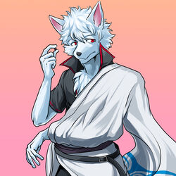 1:1 2014 anthro belt canid canine canis clothed clothing gintama gintoki_sakata hair male mammal mayobug pose red_eyes simple_background skata_gintoki solo wolf