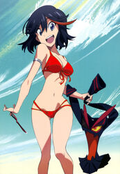  1girls :o absurdres amemiya_akira arm_band arms ass_visible_through_thighs bare_arms bare_legs bare_midriff bare_shoulders belly bikini bikini_top black_hair blue_eyes bra bracelet breasts cleavage clothes clothes_removed clothing edit excited female female_only happy hi_res high_res high_resolution highres holding holding_clothing hourglass_figure kill_la_kill legs life_fiber looking_at_viewer matoi_ryuuko midriff mouth_open multicolored_hair navel open_mouth red_bikini red_hair red_swimsuit senketsu short_hair skinny sky smile solo standing stockings swimsuit teeth thighs thin_waist tongue tongue_in_mouth two_tone_hair wide_hips 