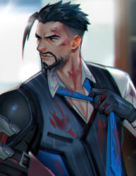  1boy arm_up beard black_gloves black_hair blood blood_on_face blood_on_gloves blood_on_hands blue_necktie closed_mouth clothes_grab collared_shirt commentary english_commentary facial_hair forked_eyebrows gloves hair_slicked_back hanzo_(overwatch) layered_clothes long_sleeves looking_ahead male_focus mistermagnolia necktie necktie_grab neckwear_grab overwatch prosthesis prosthetic_arm scion_hanzo shirt solo upper_body vest white_shirt wing_collar 