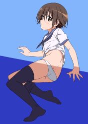  ass black_thighhighs brown_eyes brown_hair commentary_request expressionless female full_body highres looking_at_viewer miyafuji_yoshika panties sailor_collar shirt short_hair solo strike_witches thighhighs underwear white_panties white_shirt world_witches_series yamamoto_shuuhei 